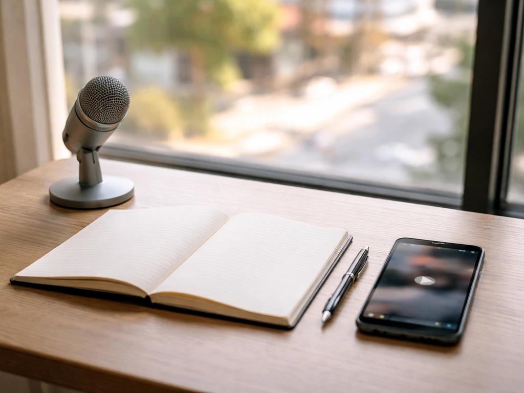 Minimal desk with notebook, pen, microphone, and smartphone near a sunlit city window