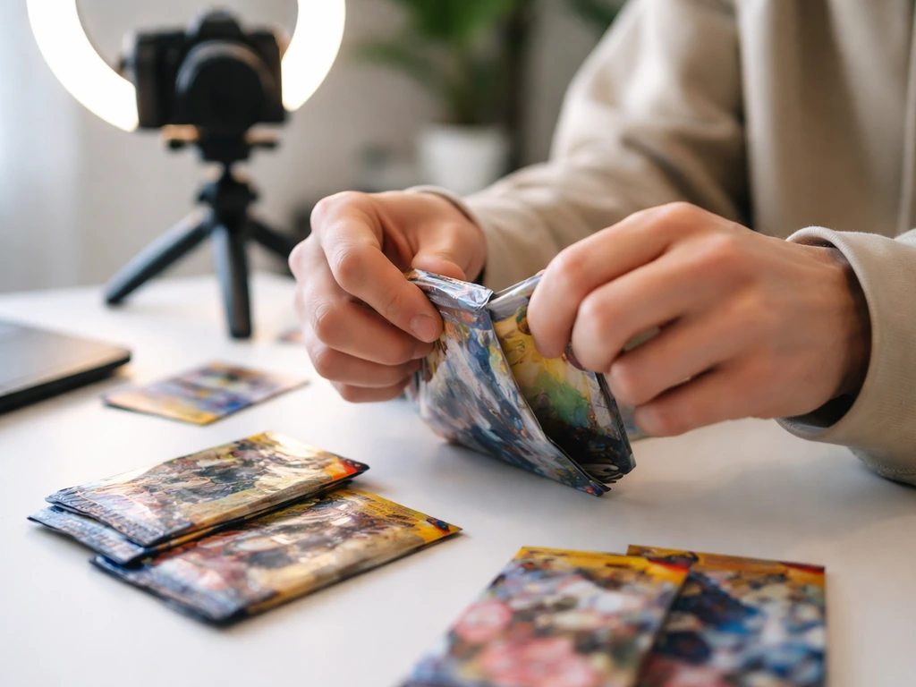 Close-up of a person’s hands opening Pokémon TCG packs at a desk with a camera in the background