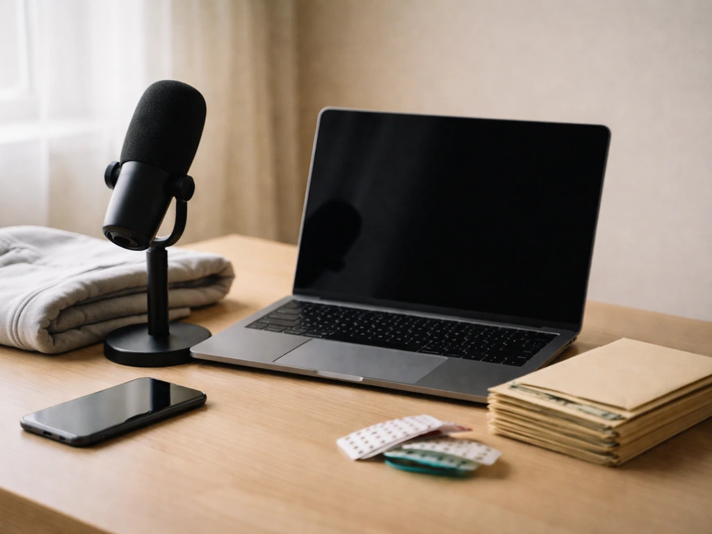 Minimal photo of a media desk with microphone, smartphone, and cash-like envelopes symbolizing multiple income streams