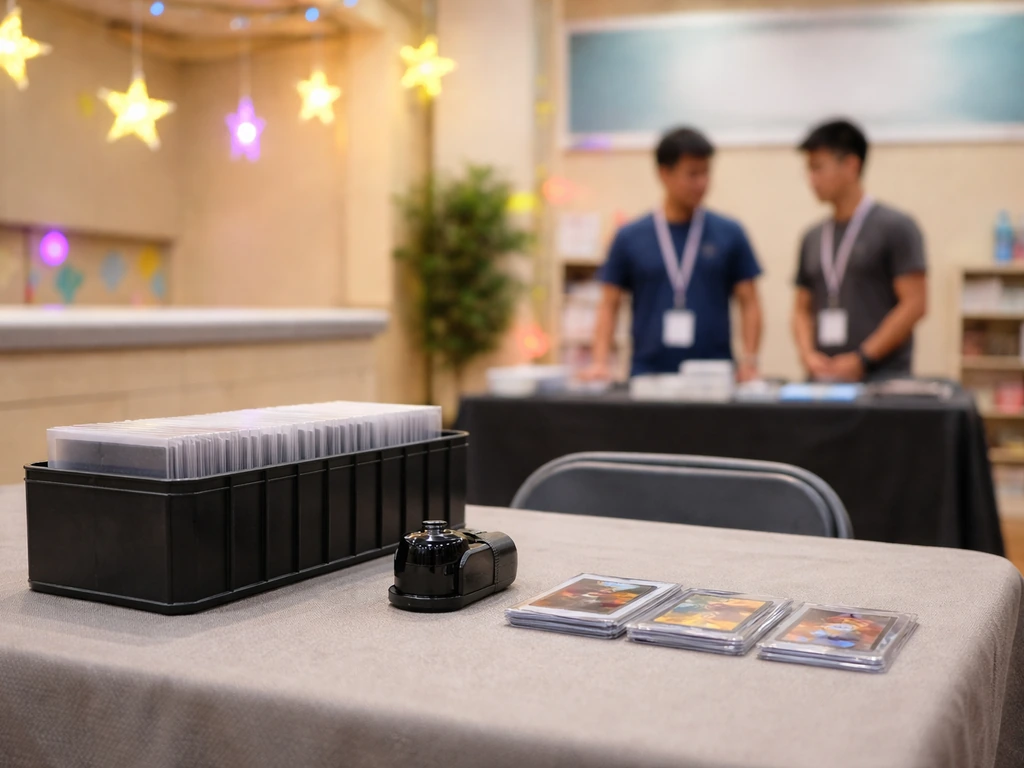 Pop-up shop card-grading station on a table with anonymous attendees and 90s-themed decor in the background.