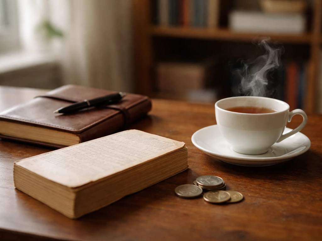 Close-up of a used paperback and a leather notebook with British-style tea and coins on a desk