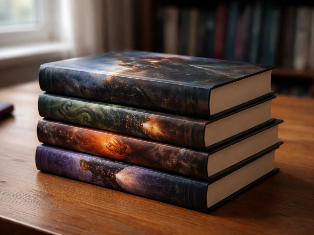 Stack of vintage-style hardback books on a wooden desk, publisher-themed design with no readable text.