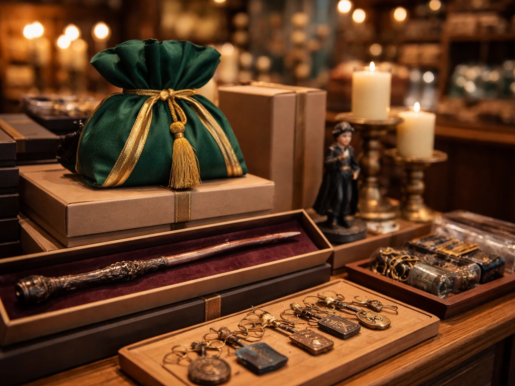 Close-up of Wizarding World–style merchandise in a tidy shop display with warm lighting.