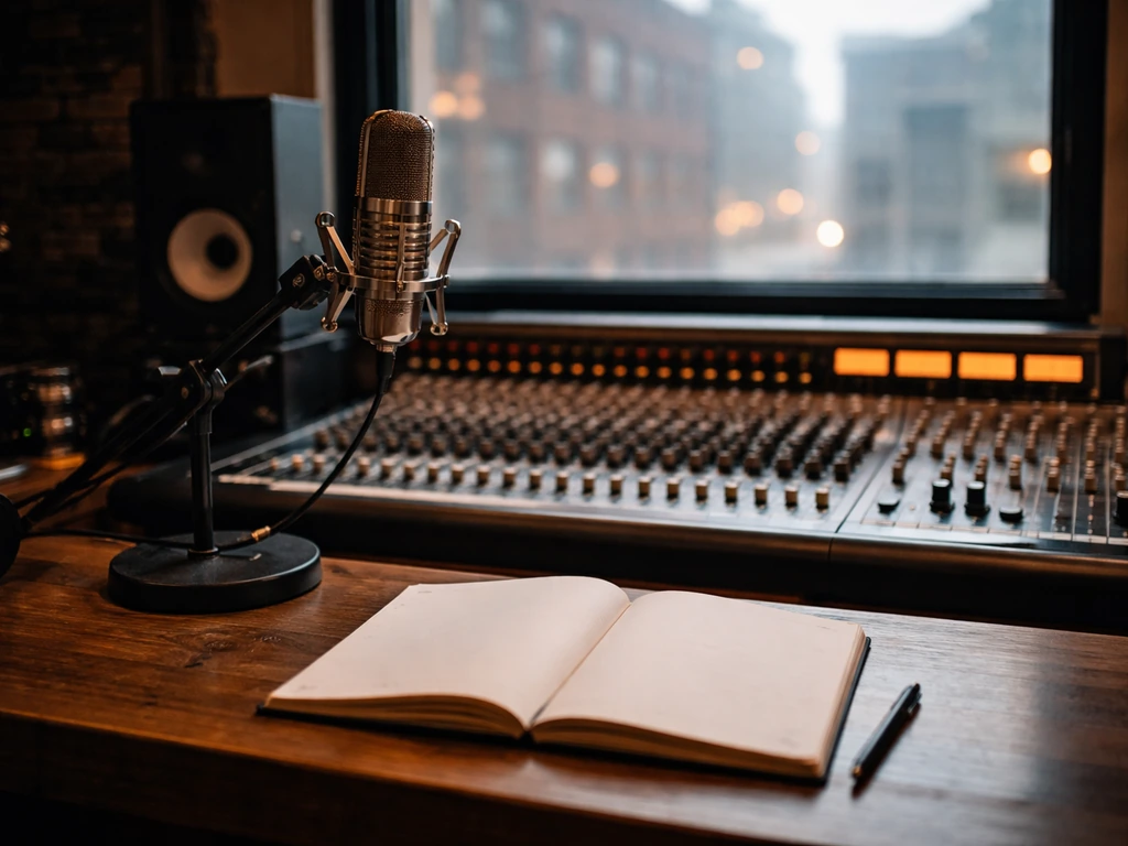 Minimal Brooklyn music studio desk with microphone and mixing console, symbolizing media and wealth research