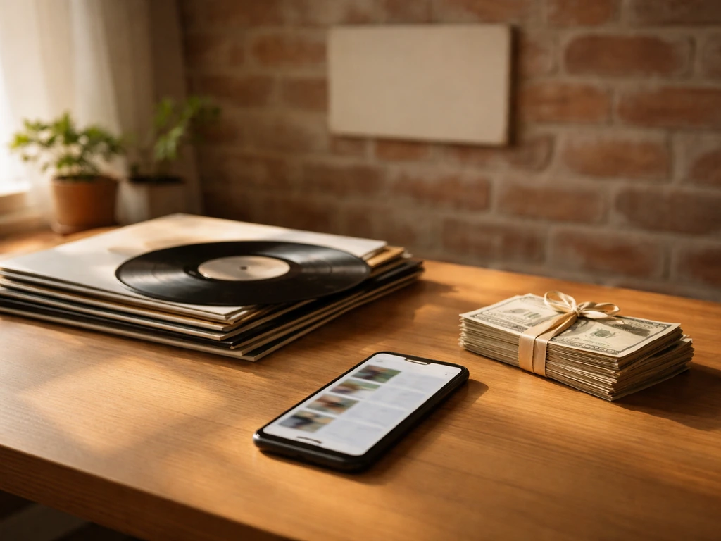 Minimal desk scene with vinyl records and a smartphone beside a Brooklyn-style brick wall backdrop