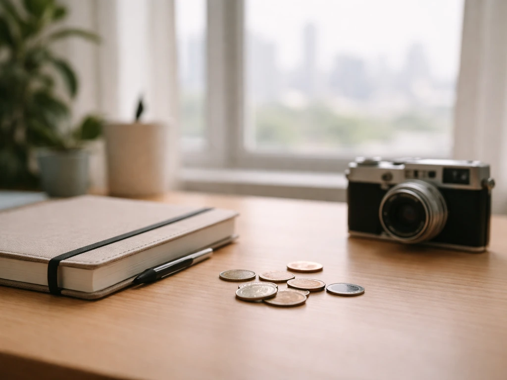 Minimal desk scene with a closed notebook, coins, and a small vintage camera symbolizing media earnings