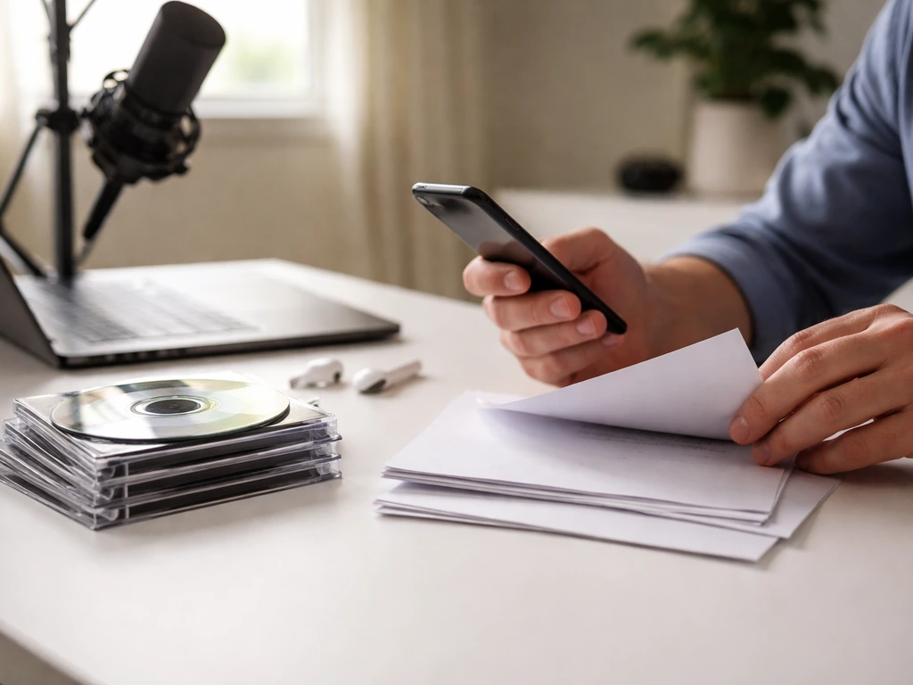 Hands on a desk with music media and a phone, suggesting public signals used for a net-worth estimate