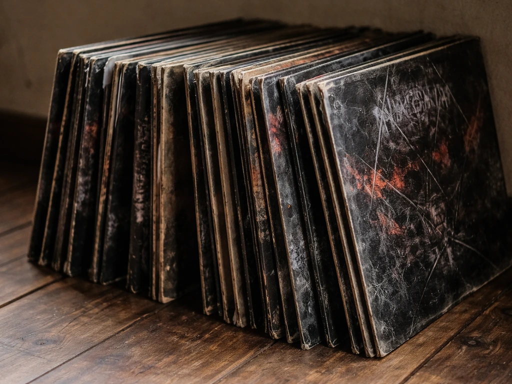 Close-up of dark vinyl album sleeves lined up, evoking a legacy thrash metal catalog centerpiece