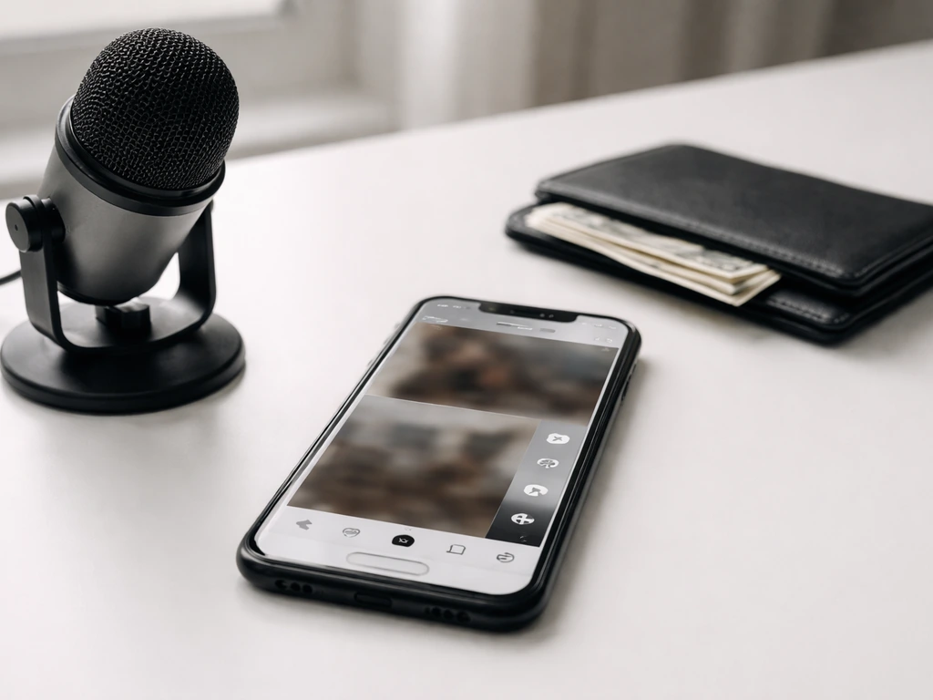 Smartphone on a desk showing a blurred social media feed, with a small microphone and wallet nearby.
