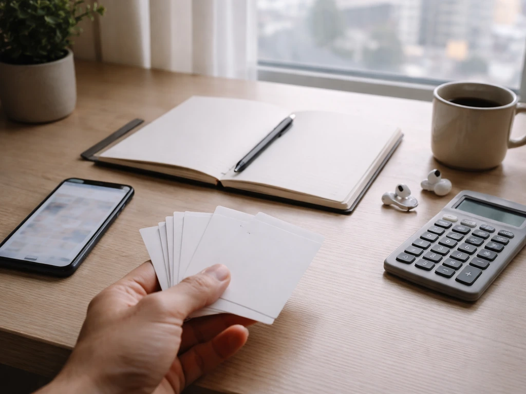 Minimal home office desk with smartphone and calculator symbolizing revenue estimation from media metrics.