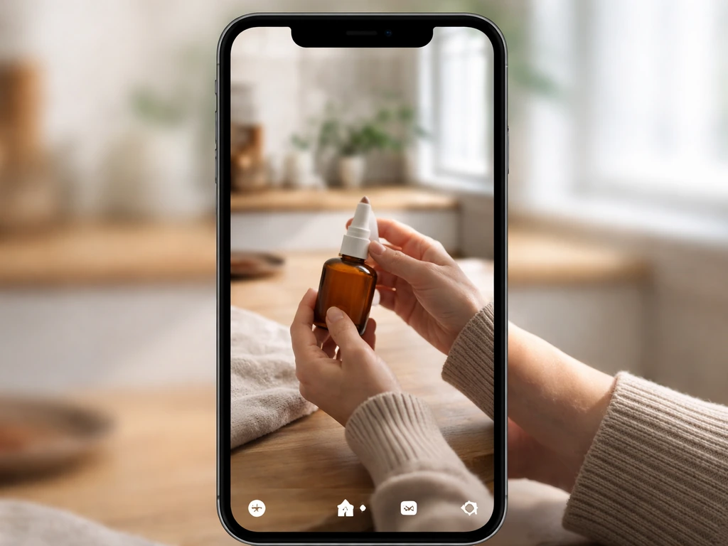 Hands holding a small branded skincare bottle over a kitchen counter in a smartphone video-style frame