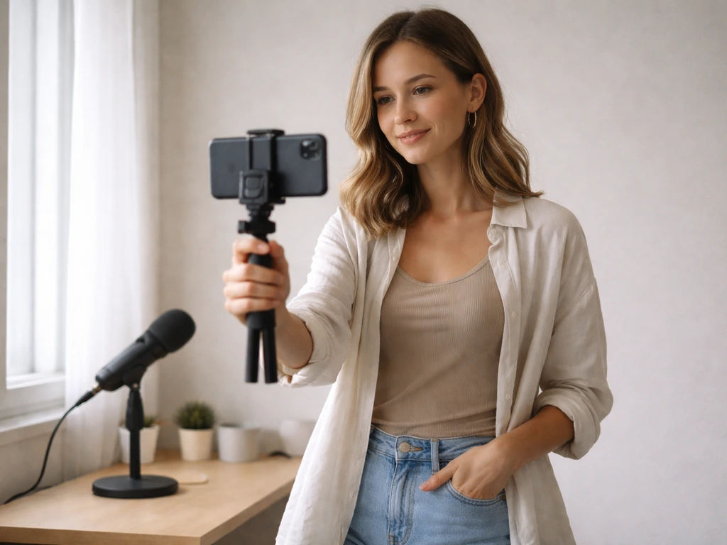 An anonymous creator filming a lifestyle video in a small home studio with a smartphone on a tripod.