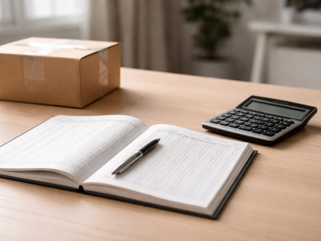 Minimal desk scene with an open ledger and calculator beside a small parcel, suggesting private-company net worth estima