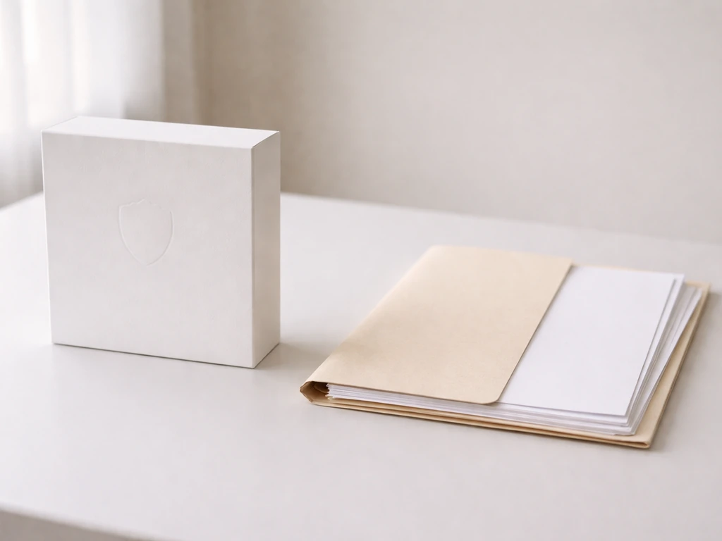 Minimal photo showing a luxury product package beside a simple folder symbolizing a brand and company concept