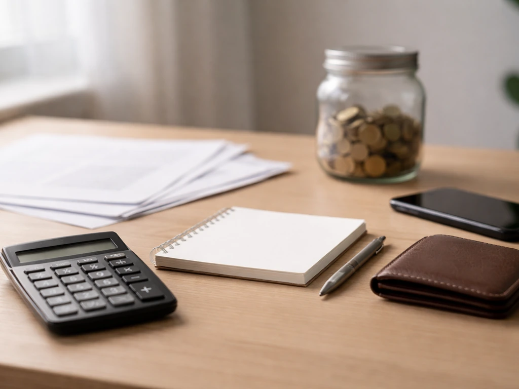 Minimal desk scene with calculator and scattered papers suggesting business revenue estimates