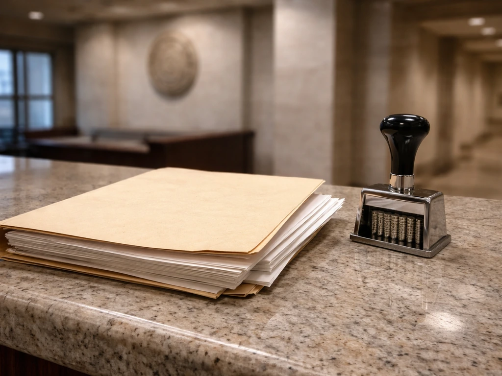 Close-up of a courthouse clerk counter and stamped corporate records folder representing Nevada/Arizona filings.