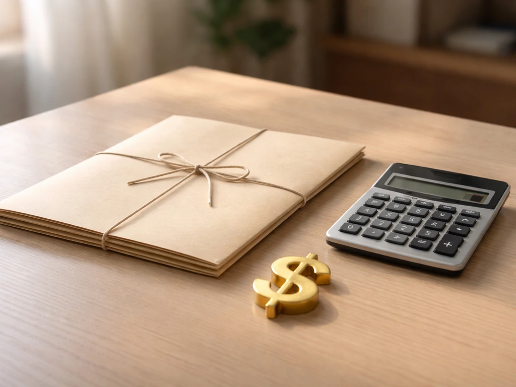 Minimal desk scene with sealed folder, calculator, and a single dollar sign for net-worth theme.