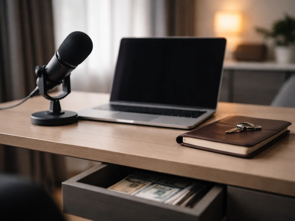 Minimal studio desk scene with laptop and microphone, hinting at behind-the-scenes business work.