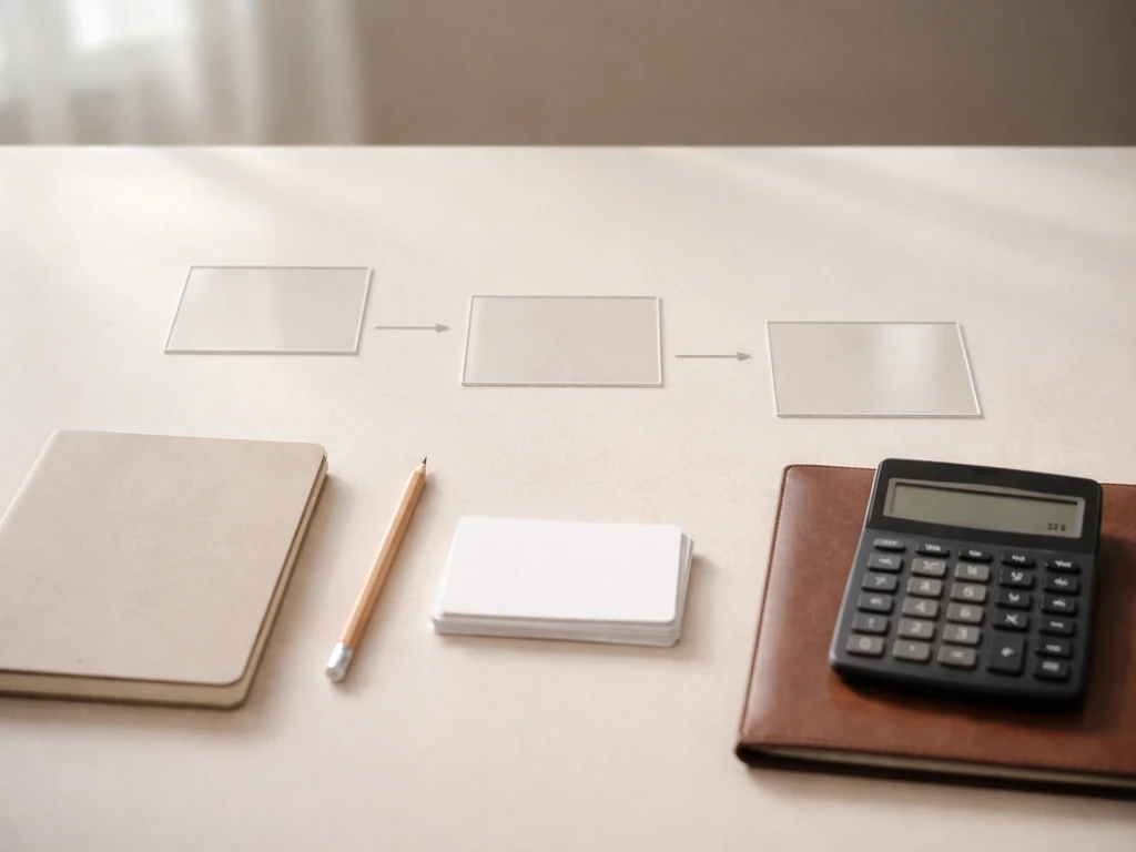 Minimal desk with calculator, pencil, and blank cards arranged to suggest step-by-step financial calculation.