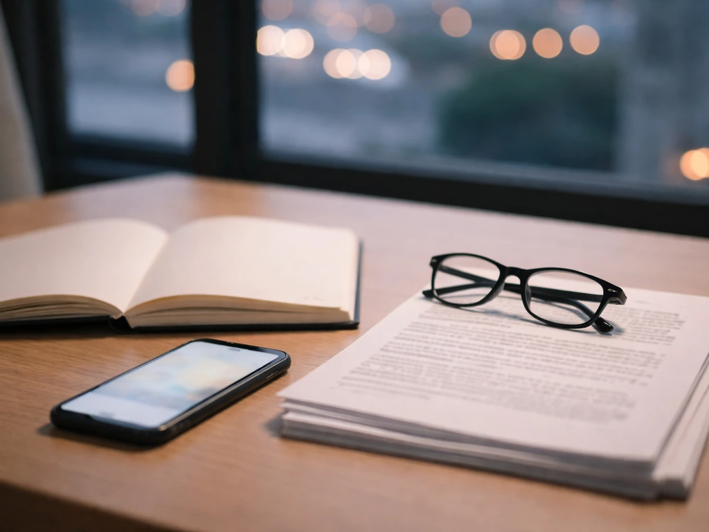Minimal desk scene with blank notebook, printed pages, reading glasses, and a smartphone for verification cues.