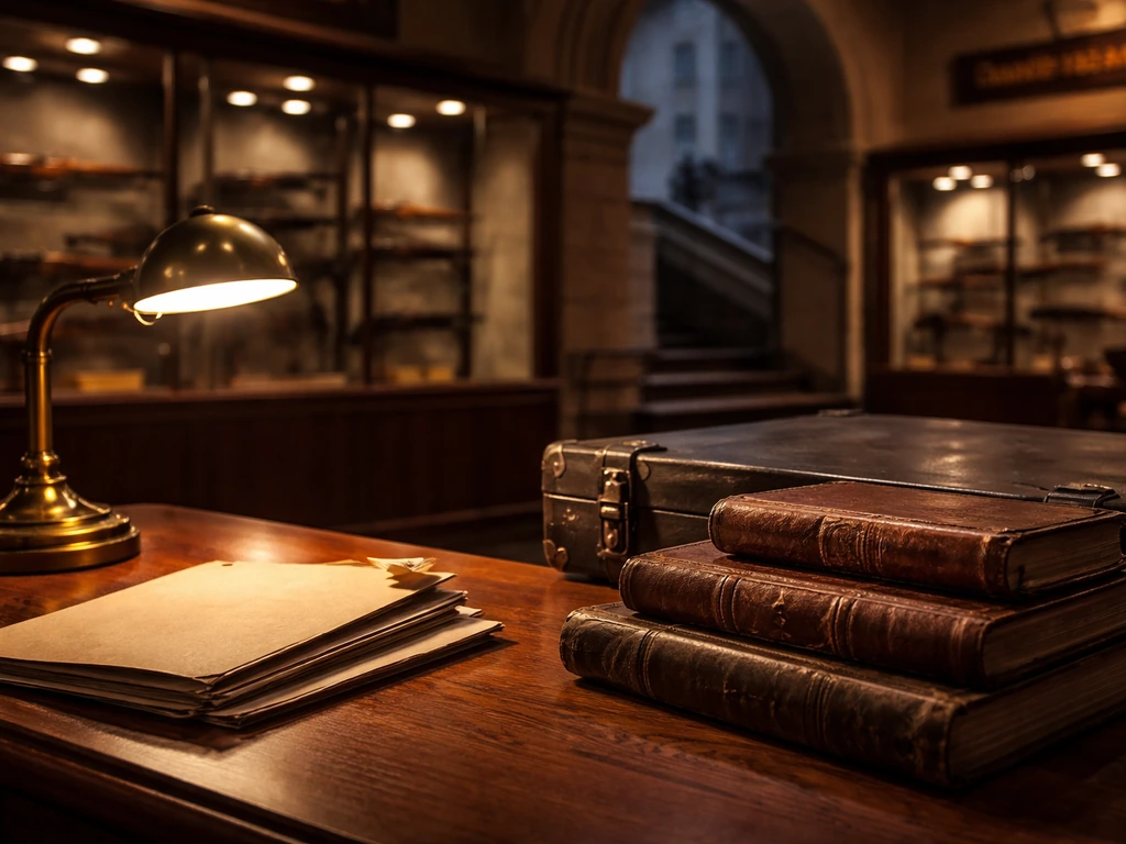Museum archive table with old ledgers and a firearm case, implying investigation and estimated wealth analysis.