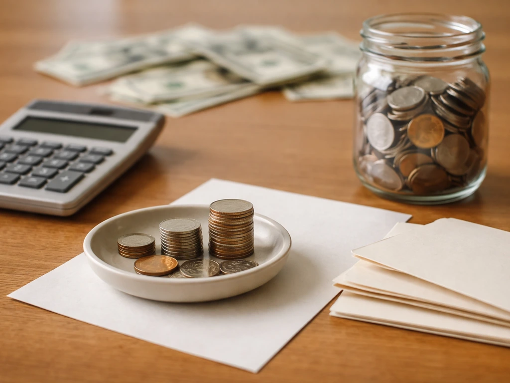Minimal desk scene with calculator and coins in a jar, symbolizing a net worth range without text.