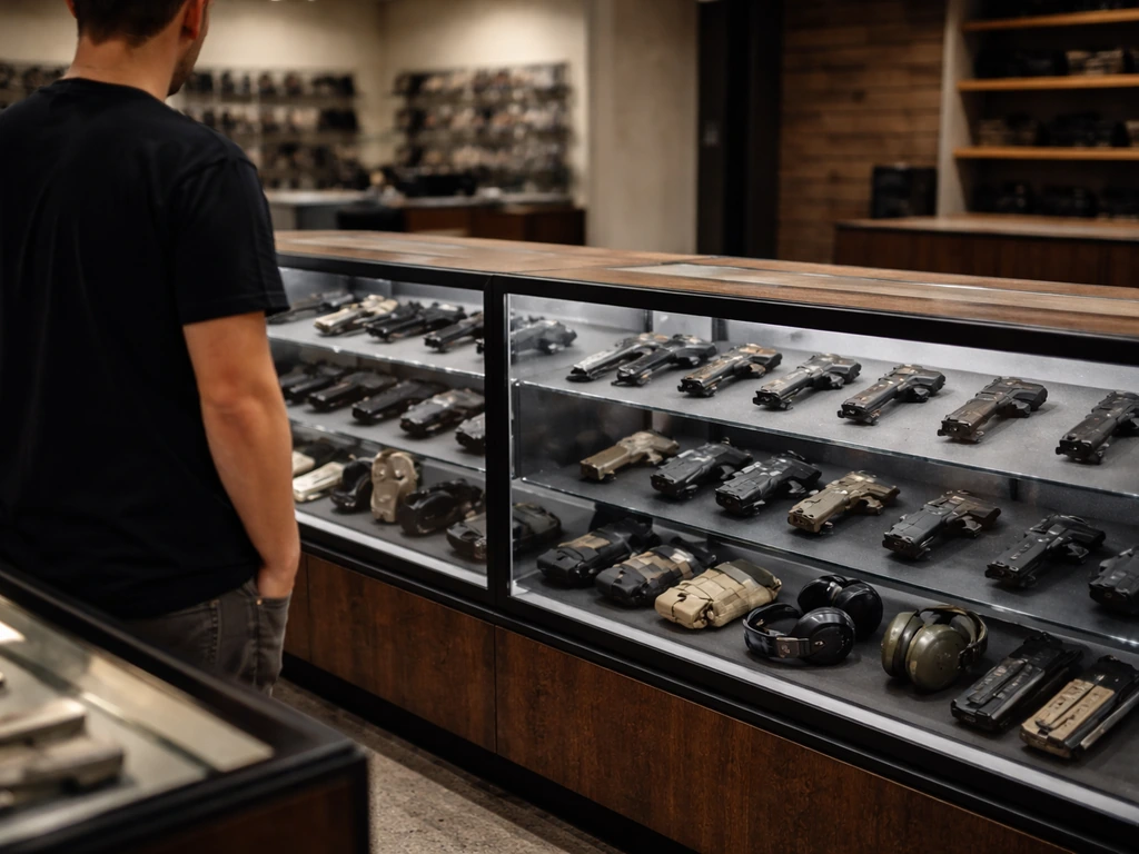 Minimal photo of a firearms dealership counter with glass display cases and tactical gear in the background