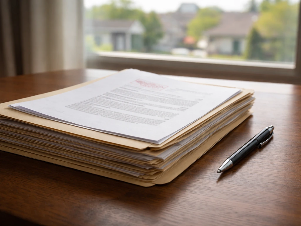 Minimal scene of property records folder and a blurred street-view showing real-estate validation cues
