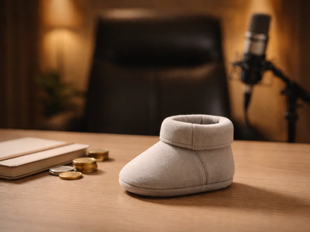 Minimal office scene with a small baby bootie-like product beside money and a studio microphone, symbolizing valuation