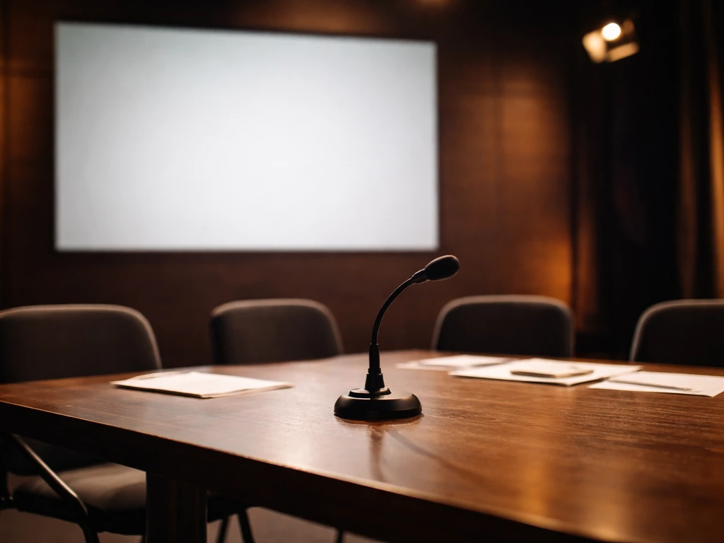 Empty Dragons’ Den-style table with chairs, and a blank projected pitch slide frame placeholder