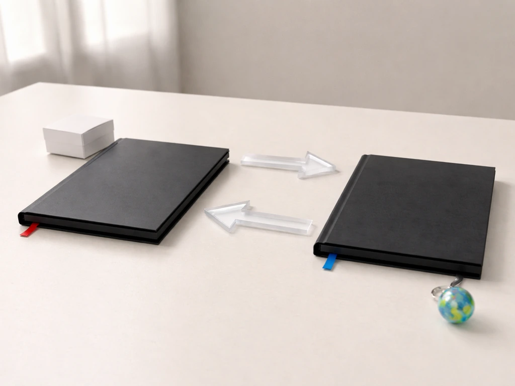 Minimal tabletop scene with two distinct folders and clear arrows showing split ownership between manufacturing and bran