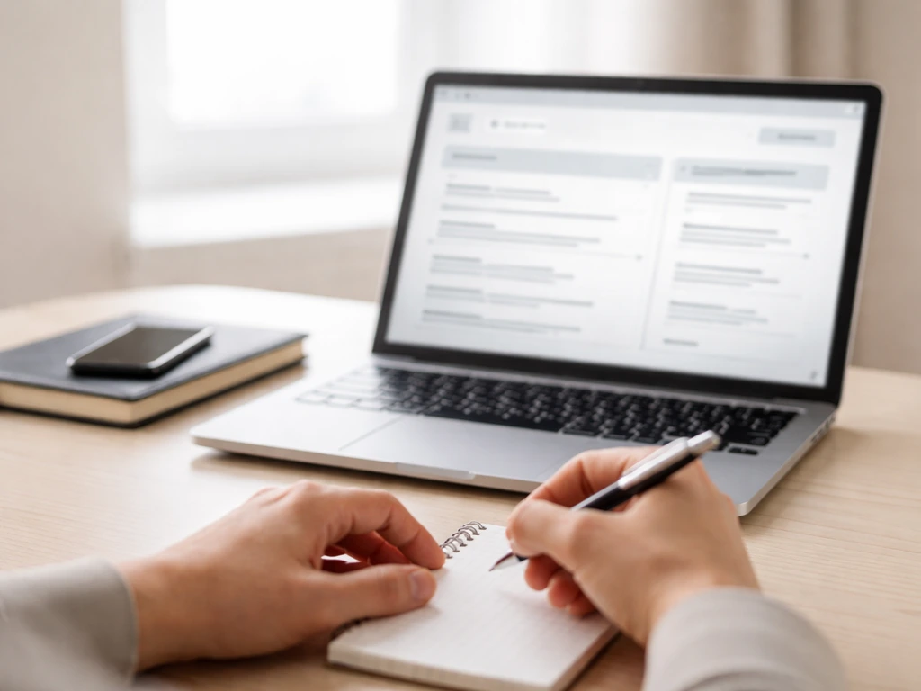 Minimal office scene with a laptop showing a generic company search flow for verifying net worth claims.