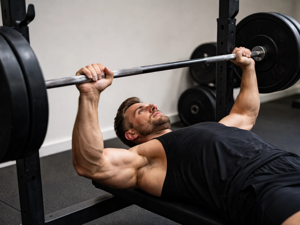 British strength athlete benching in a quiet London gym, showing raw power and serious focus.