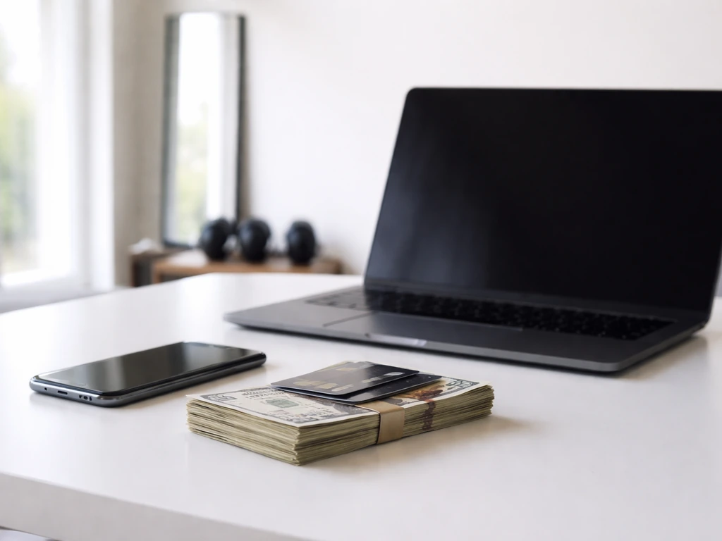 Desk with open laptop, smartphone, and cash showing monetization theme, no text or charts