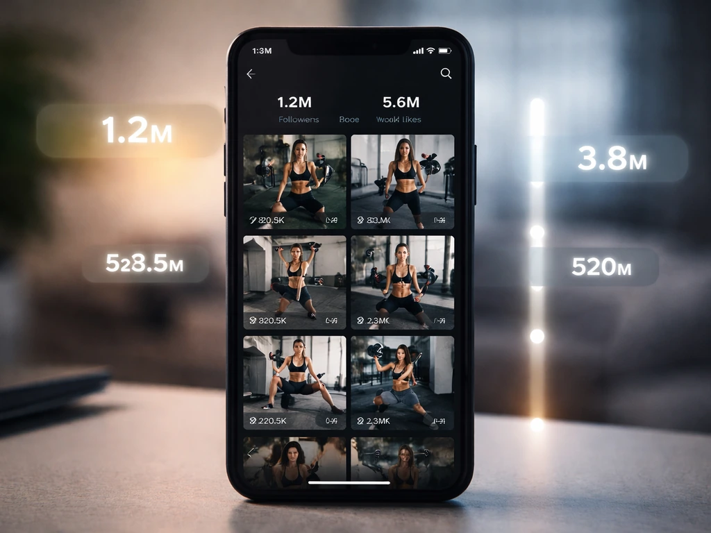 Phone on a desk displaying a dark TikTok profile interface with workout thumbnails and follower/engagement numbers.