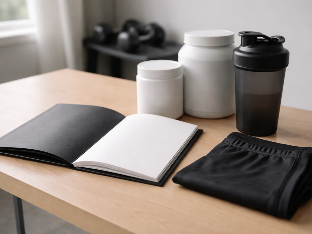 Minimal desk scene with a fitness training booklet, shaker bottle, supplement tubs, and folded gym apparel.