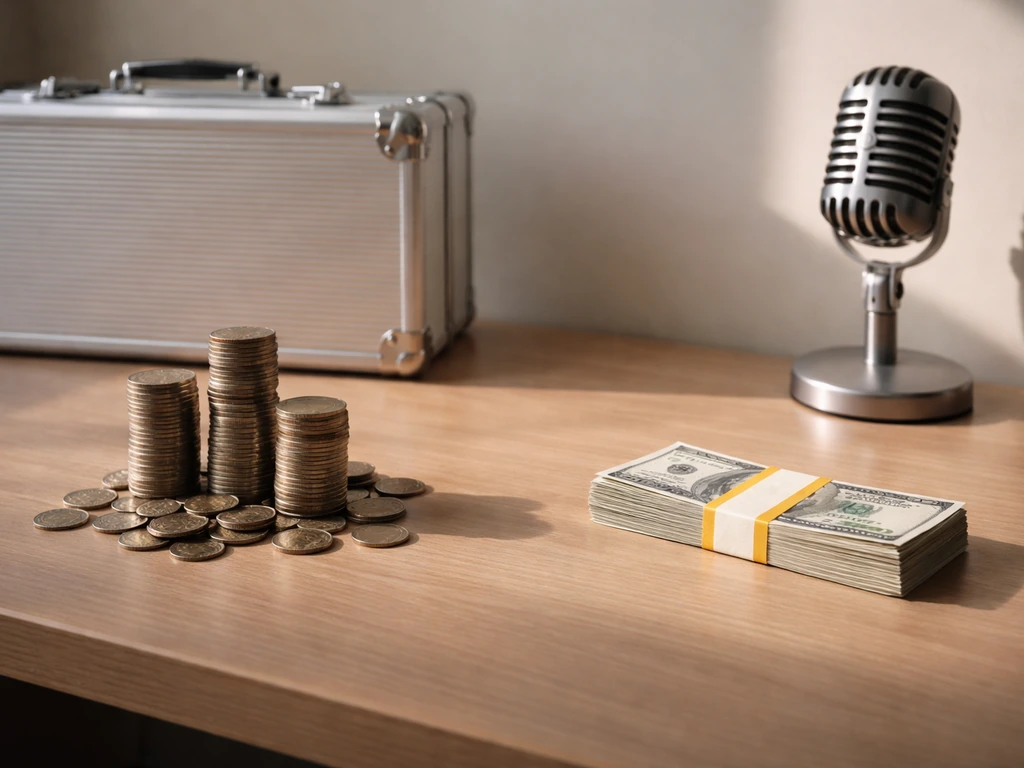 Minimal desk scene with coins, cash, briefcase, and a studio microphone suggesting group vs individual wealth.
