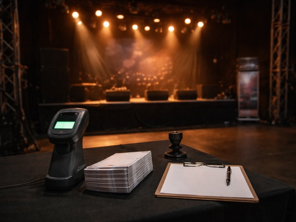 Concert venue stage view with ticketing scanner, blank tickets, and unbranded tour poster backdrop