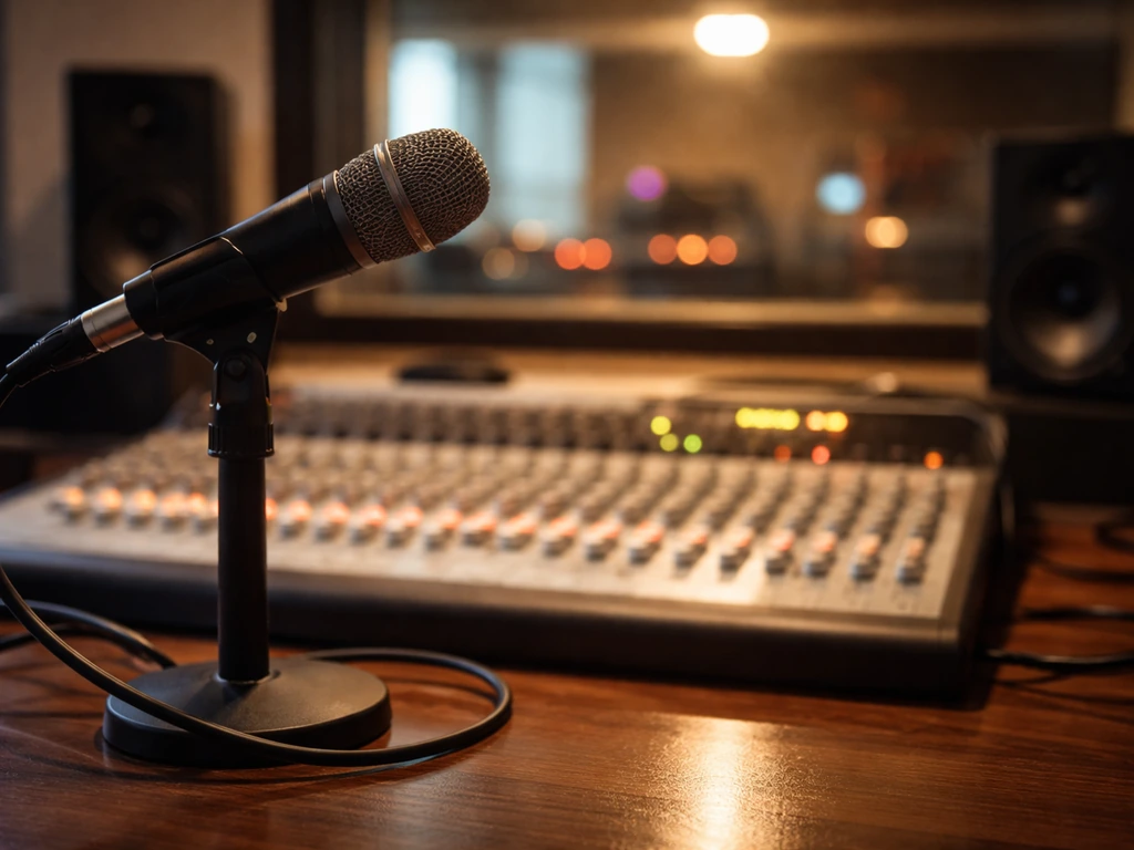 Radio studio microphone and glowing audio equipment suggesting broadcast music and royalty collection.