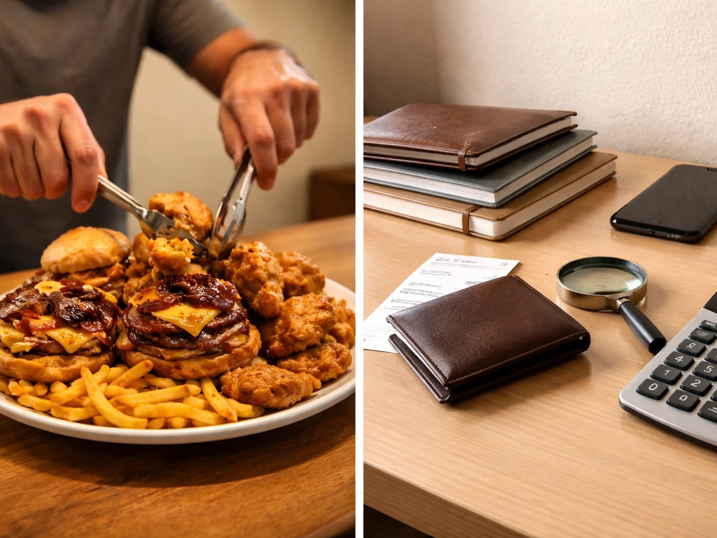Split photo: anonymous hands with food on one side, simple desk money/verification items on the other.