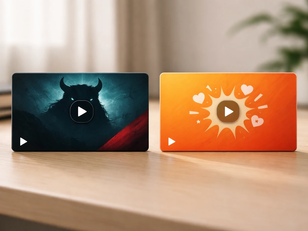 Two generic video thumbnail cards side-by-side on a desk, with different beast and reaction-style icons.