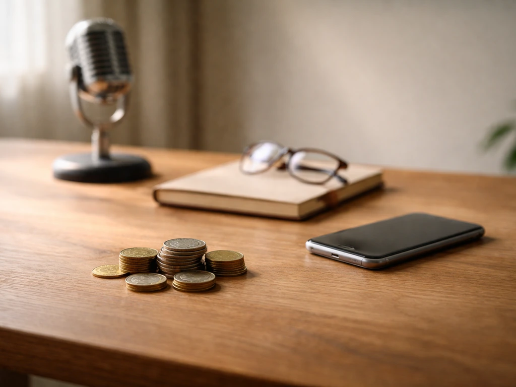 Minimal photo of a tidy desk with coins and a smartphone, symbolizing estimated income sources and net worth range.