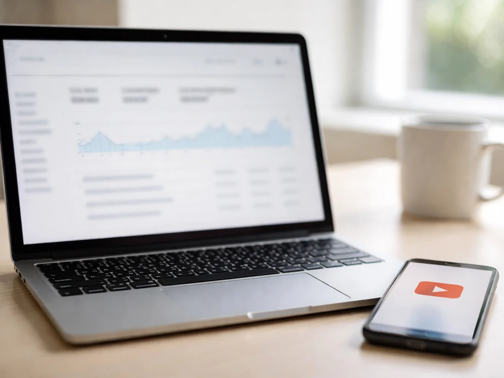 Laptop showing blurred creator analytics dashboard with ad revenue style fields on a desk