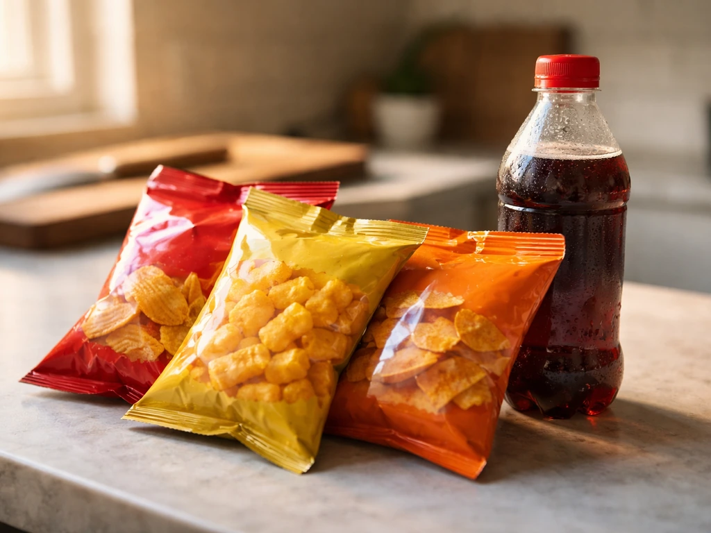 Packaged snack bags and a cold drink on a kitchen counter, sponsor-style food-challenge props, no text.