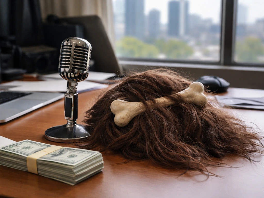 Anonymous advertising desk with microphone, cash, and a caveman-style prop accessory near a window.