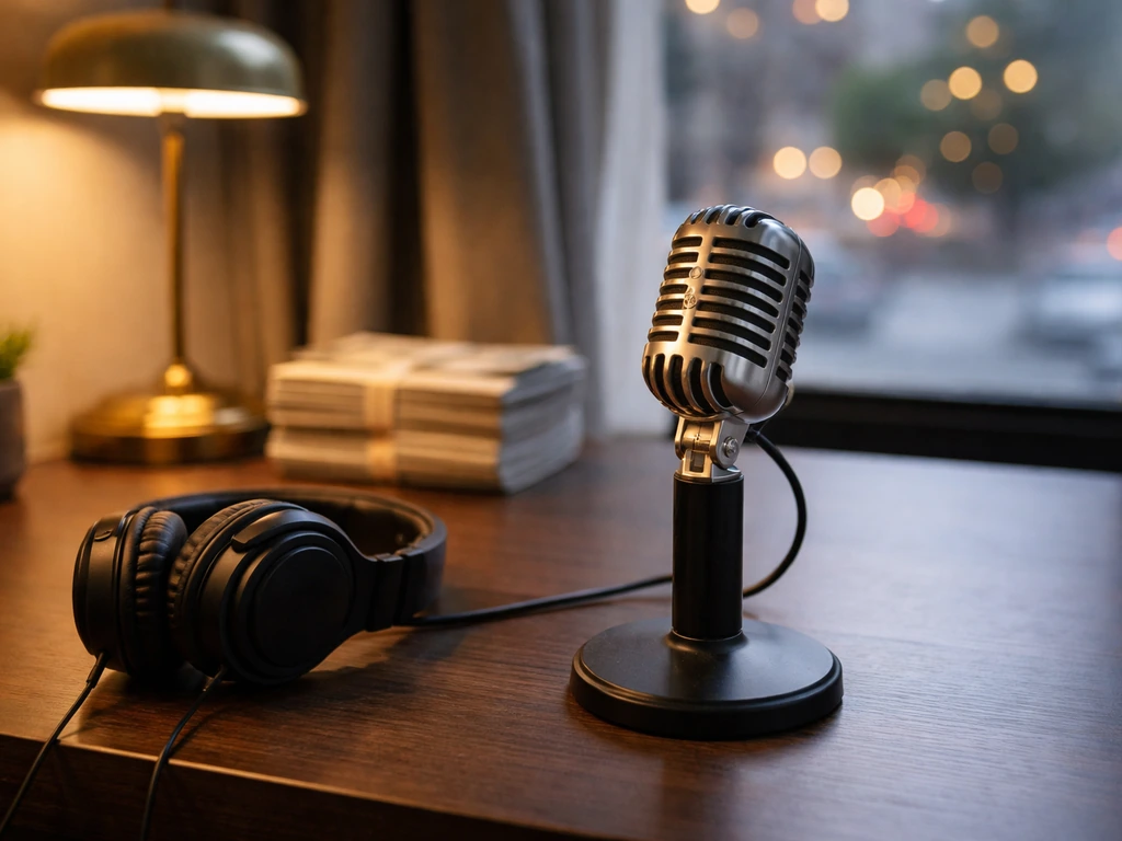 Unbranded microphone and headphones on a desk beside a softly blurred city view, studio anonymity.