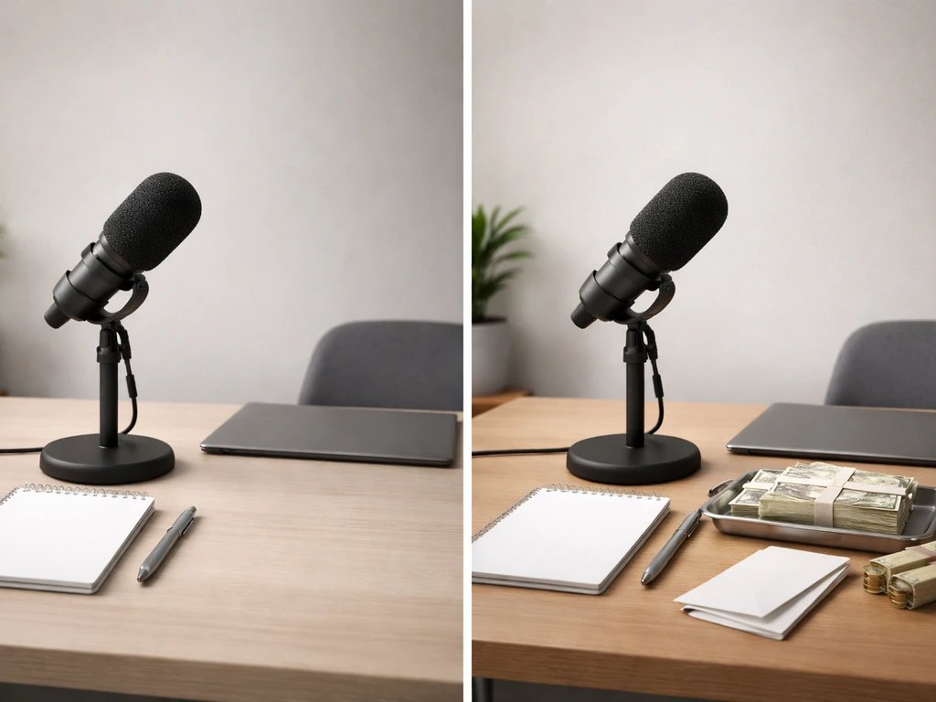 Split-screen style photo of a tidy studio desk with microphone and scattered cash-like props, symbolizing known vs estim