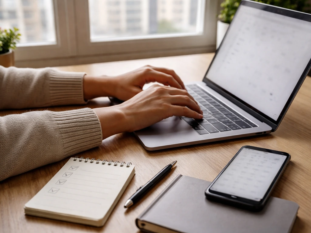 Hands typing on a laptop with a checklist and blank notes, suggesting verifying an up-to-date figure.