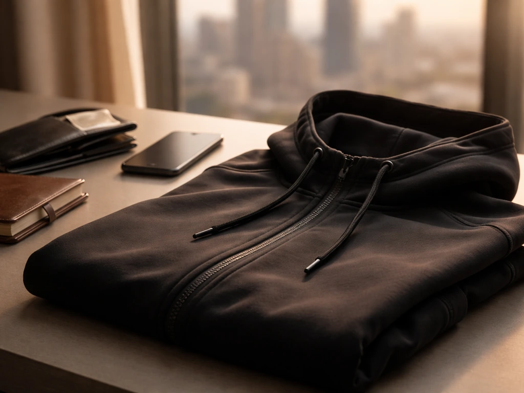 Minimal desk scene with a premium black hoodie and wallet, hinting at apparel business and wealth comparison.