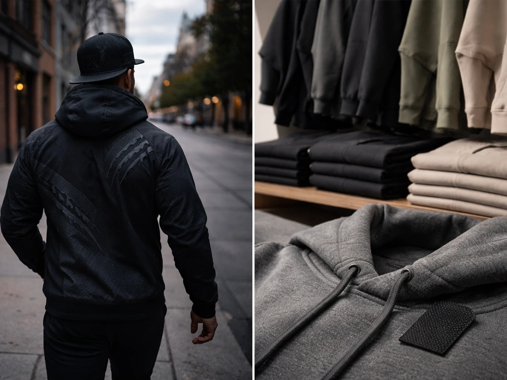 Split image: anonymous athlete in Beast Mode–style gear vs neat apparel items with label tag detail.